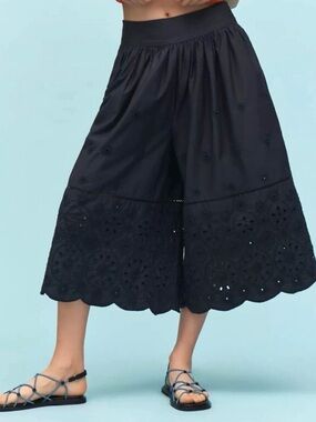 Maeve Embroidered Super Wide Leg Cropped Culottes Pants Black M